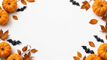 Fototapeta premium Halloween background with pumpkins, autumn leaves and bats on white copy space