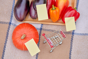Colorful vegetables with shopping cart and sticky notes on table © Svitlofor
