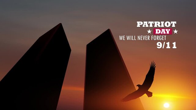 Silhouette of Towers with soaring eagle at sunset. 09.11.2001 American Patriot Day banner. Video with inscription.