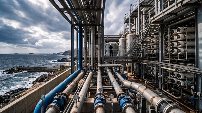 Industrial Desalination Plant with Pipelines by the Ocean