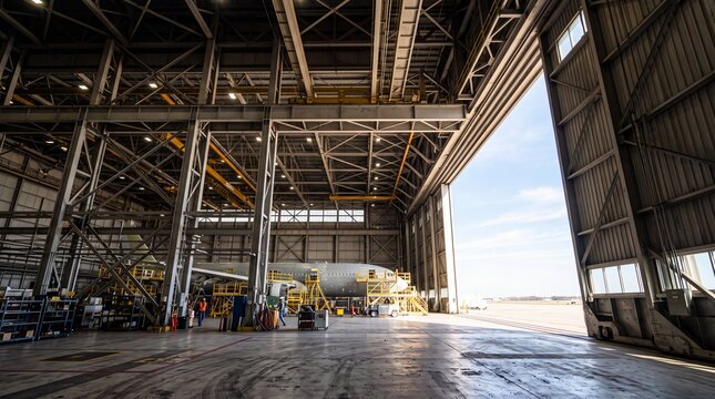 Airplane Under Maintenance Inside Large Industrial Aviation Hangar
