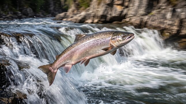 Salmon Jumping Upstream Over River Waterfall During Migration