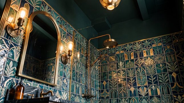 Luxury Bathroom Interior with Teal Patterned Tiles and Brass Fixtures