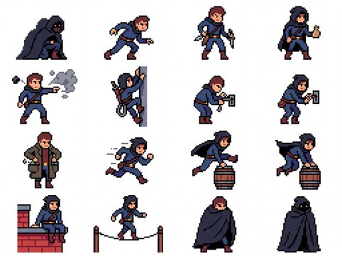 Pixelated Characters Set Depicting Action Poses, Including a Hooded Figure and Various Dynamic Stances. Retro Game Sprite Design.