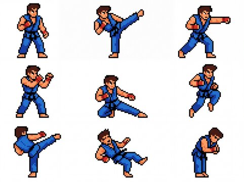 Martial Artist Character Set in Dynamic Poses, Showcasing Various Fighting Stances and Techniques for Game Design.