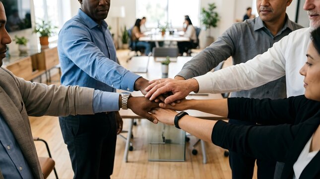 Diverse professional team stacking hands together in modern office setup