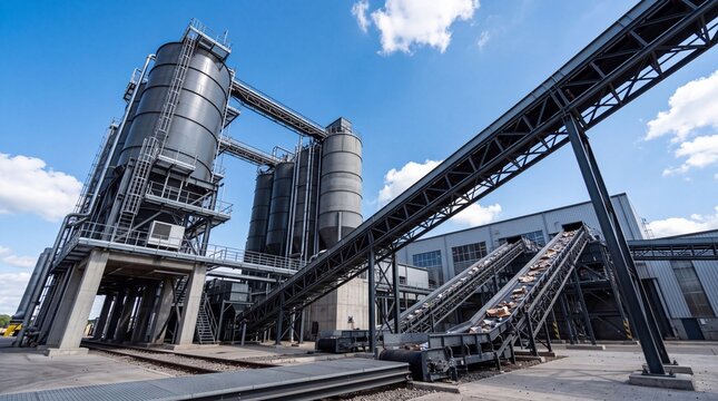 Industrial Recycling Plant with Conveyor Belt and Silos