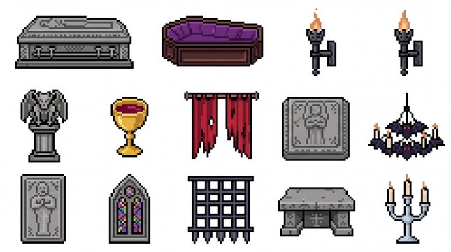 Coffins and Gothic Elements Set with Ornate Details and Dark Fantasy Design. Spooky Icons for Halloween, Horror, and Mystical Themes.