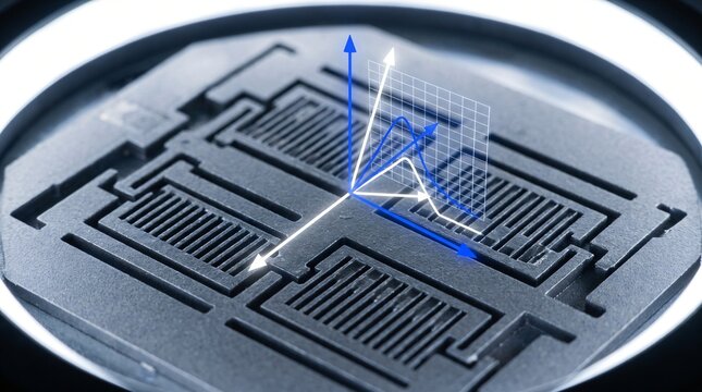 Macro view of silicon microelectromechanical systems MEMS chip sensor with digital coordinate axis overlay in laboratory research