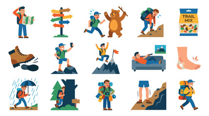 Fototapeta premium Hiking and Outdoor Adventure Flat Vector Illustrations Set. People Trekking, Navigating, Challenges, and Relaxation.