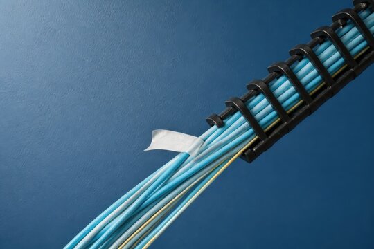 Fiber optic cables bundled in network cable management on blue background