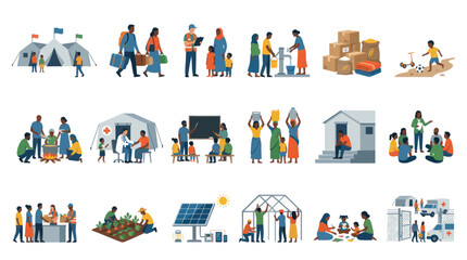 Fototapeta premium Flat Illustration: Humanitarian Aid, Relief, Community Support, Education, Healthcare, Shelter