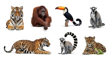 Obraz premium Collection of Various Exotic Animals Including Tigers, Orangutan, Toucan, Lemur, and Leopard on a White Background