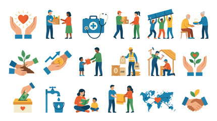 Fototapeta premium Flat Vector Charity and Humanitarian Aid Icons Set: Volunteering, Community, Social Responsibility