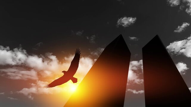 Silhouette of Towers with soaring eagle on background of black and white sky. 09.11.2001 American Patriot Day video.