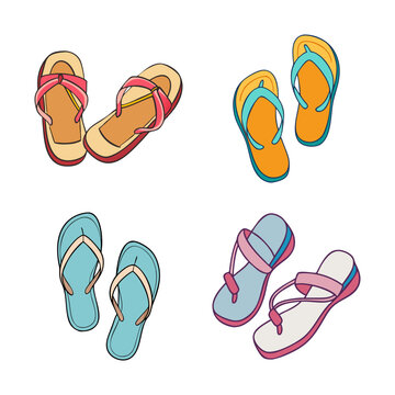 Colorful cartoon flip flops sandals set - Bright and cheerful set of four cartoon flip flops in various colors and styles, ready for summer use.