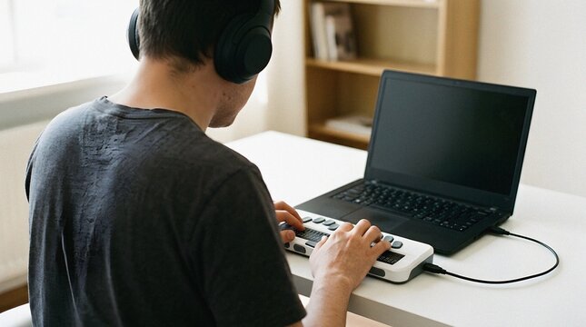 Man with visual impairment using a braille display and laptop at home