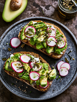 avocado toast with radish, olive oil, sesame seeds and aonori