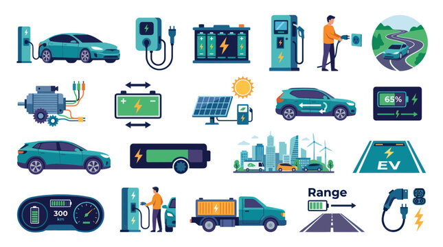Electric Vehicles Flat Design Icons: Charging, Battery, Solar, City, Range, Car