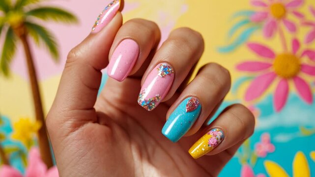 Themed summer manicure in bright blue, pink and yellow colors with holiday patterns AI Generative