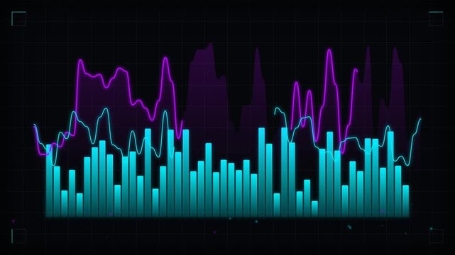 Neon cyan bar graph and digital wave charts on dark grid background, concept for financial analysis, technical data monitoring and market trends