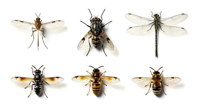 Detailed collection of flying insects including wasps bees and dragonflies isolated on white for entomology study