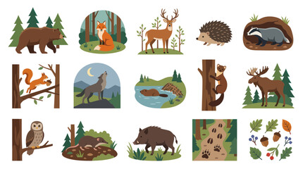 Obraz premium Flat Vector Collection of European Forest Animals and Wildlife Icons Nature and Environment