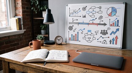 Obraz premium Desk with open notebook laptop and whiteboard displaying business strategy diagrams and charts