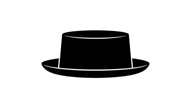 Solid black silhouette of a boater or pork pie hat with a flat top. Perfect for retro fashion themes, gentleman apparel icons, and elegant headwear.