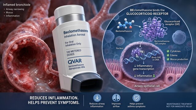 Beclomethasone inhaler with a zoomed inset showing the drug binding to the glucocorticoid receptor in airway epithelial cells, reducing inflammation against an inflamed bronchiole background
