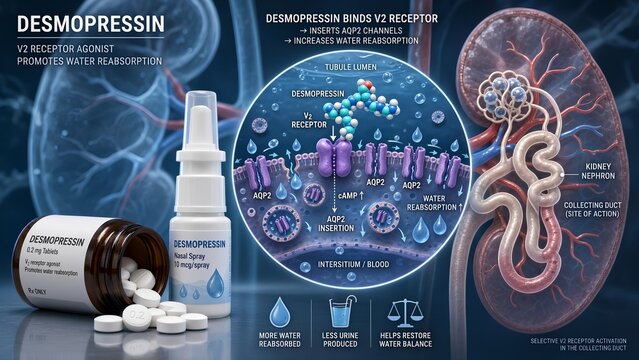 Desmopressin tablets with a micro inset showing molecular binding to v2 receptors to stimulate water reabsorption, featuring a detailed kidney nephron background