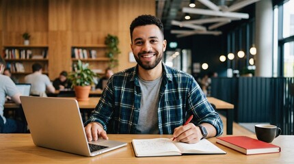 Obraz premium Smiling student working with laptop and notebook in a coworking space.