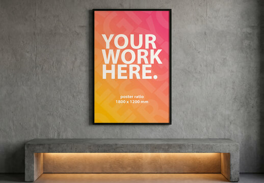 Vertical poster frame Mockup on a wall above concrete bench