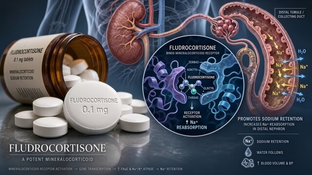Fludrocortisone replacement tablets with a scientific inset showing the drug binding to mineralocorticoid receptors to trigger sodium retention, set against a kidney nephron background