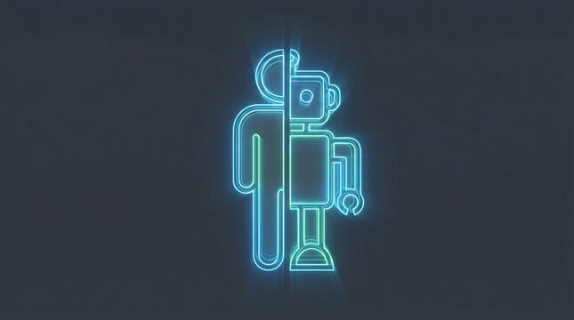Human support and ai integration show workforce transition and disruption in glowing neon concept of human and robot fusion
