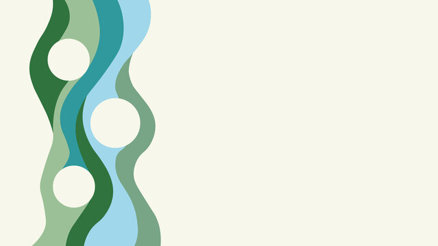 Abstract background design with flowing organic wavy lines and circular shapes in shades of green and blue for modern corporate branding and graphic layouts
