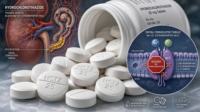Hydrochlorothiazide tablets with a scientific zoomed inset demonstrating the drug blocking the na+/cl- cotransporter in the distal convoluted tubule, kidney nephron visible in background