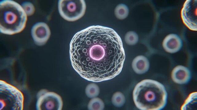 Firefly Extreme macro footage of one single human stem cell in a realistic microscopic environment