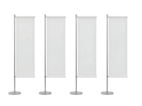 Four blank white vertical advertising flags with metal stands as PNG element