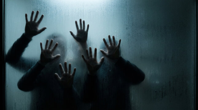 Dark hand silhouettes reaching toward the viewer from behind frosted glass as distorted human figures fade into a cold blue haze, creating a terrifying paranormal horror