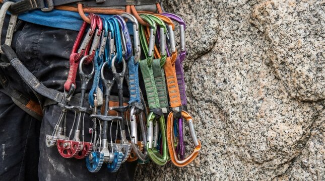 Climber organizes colorful carabiners and quickdraws on a harness beside a rocky wall