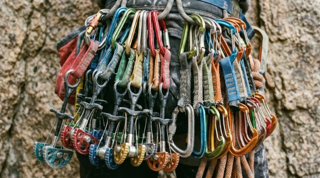 Climber wears a harness filled with colorful carabiners and climbing straps.
