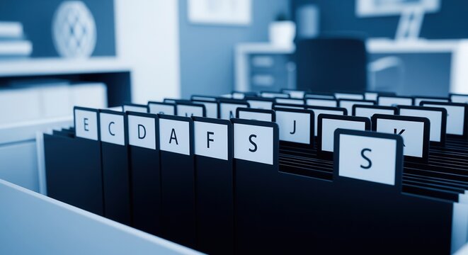 Organized file folders with alphabetical tabs arranged in a row for easy categorization. Perfect for business organization, document management, and efficient filing systems.