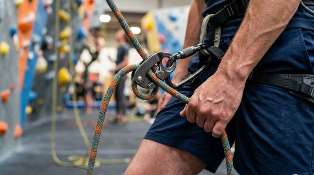 Climber secures rope to harness using a carabiner during indoor climbing session.
