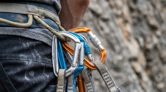 Climber secures carabiners and rope on a harness while climbing.