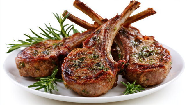 roast lamb chops with rosemary isolated on white background