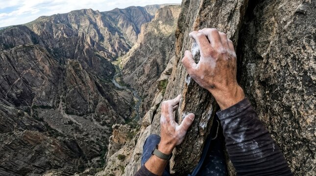 Climber grips a steep rocky cliff face high above a canyon.