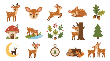 Fototapeta premium Cute Woodland Deer Family and Forest Elements Flat Vector Illustration