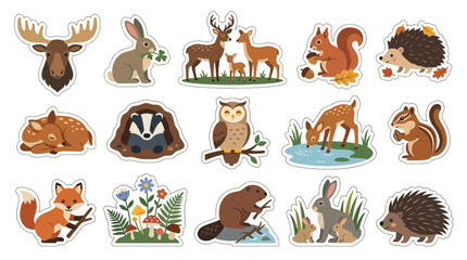 Obraz premium Cute Woodland Animals Sticker Set - Flat Design, Vector Illustration