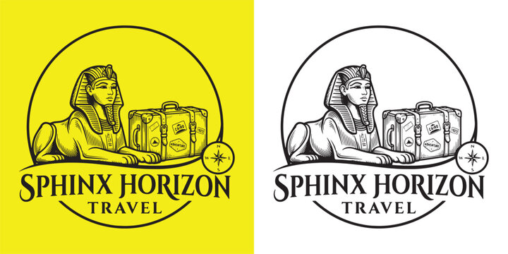 Sphinx Horizon Travel Vintage Logo with Egyptian Monument and Luggage Suitcase Line Art